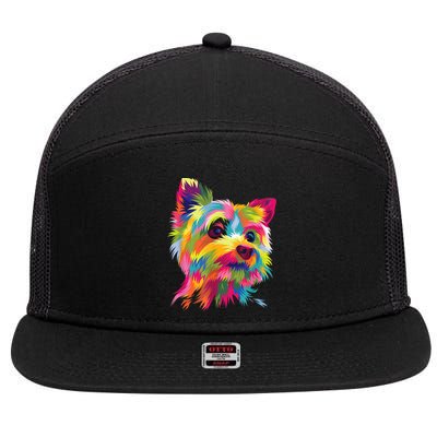 Colorful Pop Art Yorkshire Terrier Portrait Yorkie Lover 7 Panel Mesh Trucker Snapback Hat