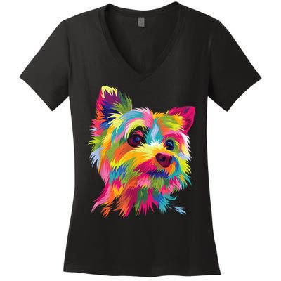 Colorful Pop Art Yorkshire Terrier Portrait Yorkie Lover Women's V-Neck T-Shirt