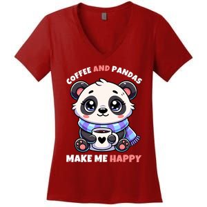 Christmas Pandas And Coffee Make Me Happy Wo Women's V-Neck T-Shirt