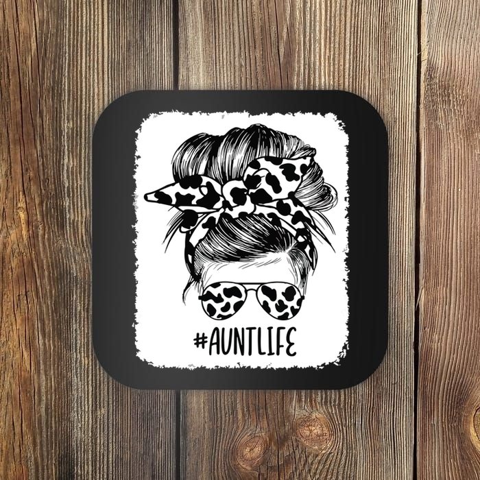 Cow Print Aunt Life Messy Bun Hair Coaster