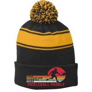 Cool Pickleball Art Paddle Pickleball Player  Stripe Pom Pom Beanie