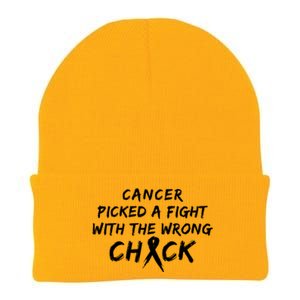 Cancer Picked A Fight With The Wrong Chick Breast Cancer Warrior Awareness Pink Knit Cap Winter Beanie