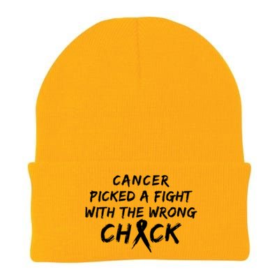 Cancer Picked A Fight With The Wrong Chick Breast Cancer Warrior Awareness Pink Knit Cap Winter Beanie