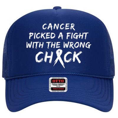 Cancer Picked A Fight With The Wrong Chick Breast Cancer Warrior Awareness Pink High Crown Mesh Back Trucker Hat