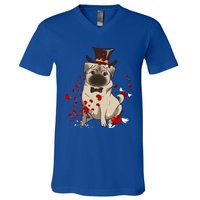 Cute Pug And Red Hearts Funny Dog Mom Valentines Day Pug Lover Funny Gift V-Neck T-Shirt