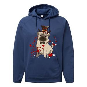 Cute Pug And Red Hearts Funny Dog Mom Valentines Day Pug Lover Funny Gift Performance Fleece Hoodie