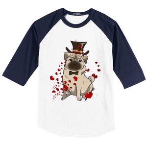 Cute Pug And Red Hearts Funny Dog Mom Valentines Day Pug Lover Funny Gift Baseball Sleeve Shirt