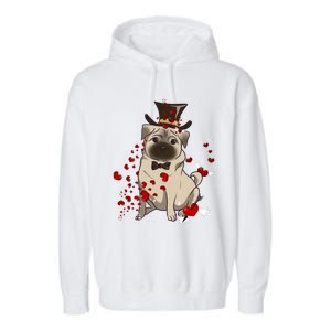 Cute Pug And Red Hearts Funny Dog Mom Valentines Day Pug Lover Funny Gift Garment-Dyed Fleece Hoodie