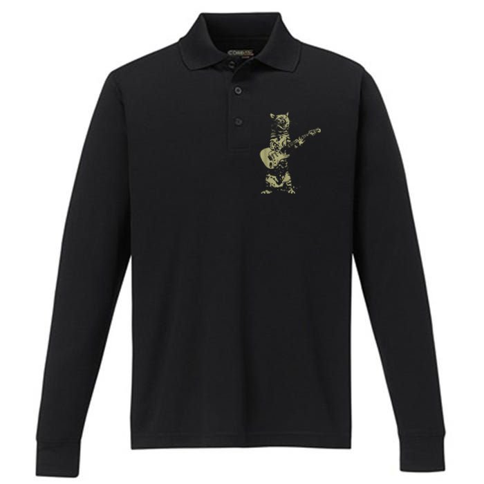 Cat Playing Acoustic Guitar Cool Musician funny Guitarist Performance Long Sleeve Polo