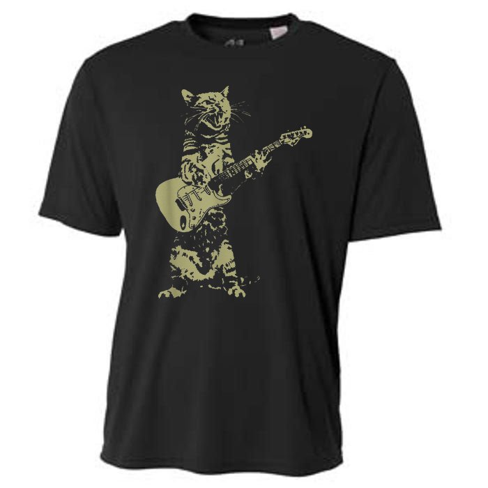 Cat Playing Acoustic Guitar Cool Musician funny Guitarist Cooling Performance Crew T-Shirt