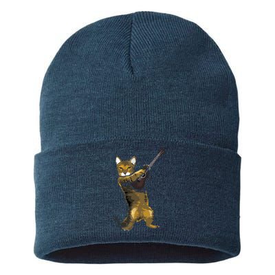 Cat Playing Acoustic Guitar Musician Sustainable Knit Beanie