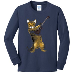 Cat Playing Acoustic Guitar Musician Kids Long Sleeve Shirt