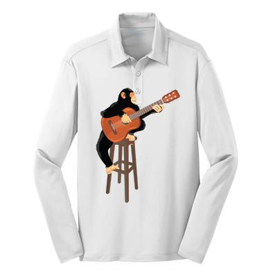 Chimpanzee Playing Acoustic Guitar Funny Monkey Silk Touch Performance Long Sleeve Polo