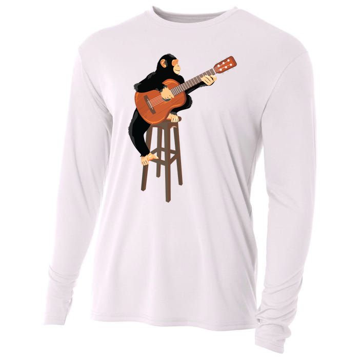 Chimpanzee Playing Acoustic Guitar Funny Monkey Cooling Performance Long Sleeve Crew