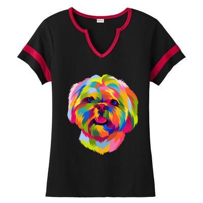 Colorful Pop Art Shih Tzu Portrait Shitzu Puppy Owner Ladies Halftime Notch Neck Tee