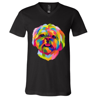 Colorful Pop Art Shih Tzu Portrait Shitzu Puppy Owner V-Neck T-Shirt