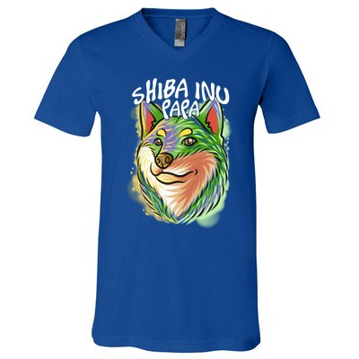 Colorful Pop Art Portrait Shiba Inu Dog Dad FatherS Day Gift V-Neck T-Shirt