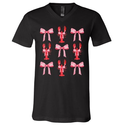 Cute Pink Bow Coquette Crawfish Aesthetic V-Neck T-Shirt