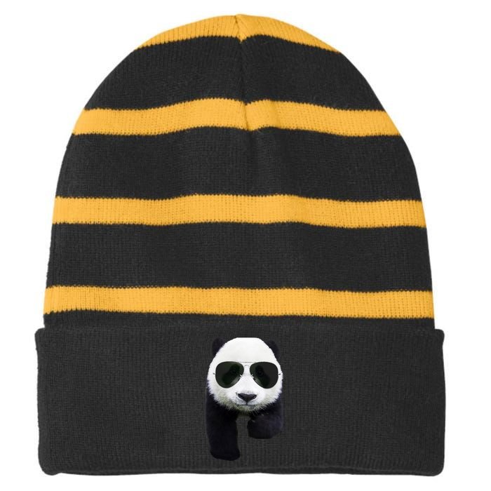 Cool Panda Bear Striped Beanie with Solid Band