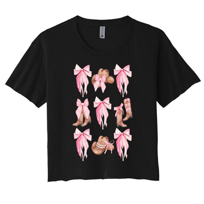 Coquette Pink Bow Cowboy Boots Hat Western Country Cowgirl Women's Crop Top Tee