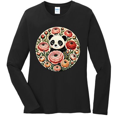 Cute Panda Bear Artwork Panda Lovers Design Ladies Long Sleeve Shirt