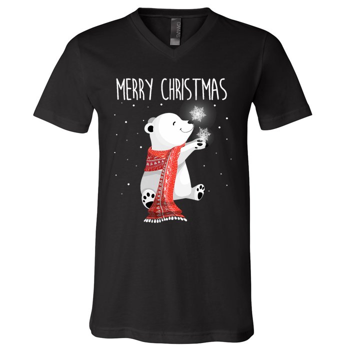 Cute Polar Bear Scarf Merry Christmas Xmas Holidays Gift V-Neck T-Shirt