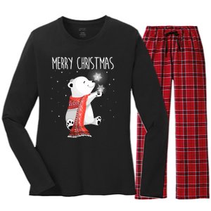 Cute Polar Bear Scarf Merry Christmas Xmas Holidays Gift Women's Long Sleeve Flannel Pajama Set 