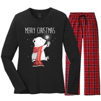 Cute Polar Bear Scarf Merry Christmas Xmas Holidays Gift Women's Long Sleeve Flannel Pajama Set 