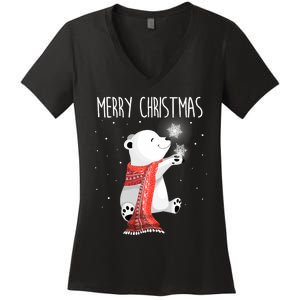 Cute Polar Bear Scarf Merry Christmas Xmas Holidays Gift Women's V-Neck T-Shirt