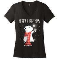 Cute Polar Bear Scarf Merry Christmas Xmas Holidays Gift Women's V-Neck T-Shirt