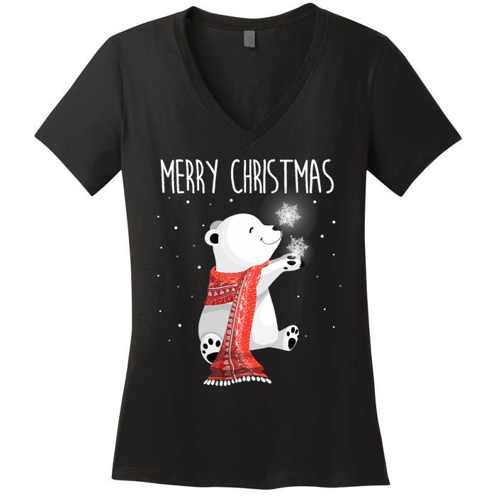 Cute Polar Bear Scarf Merry Christmas Xmas Holidays Gift Women's V-Neck T-Shirt