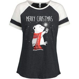 Cute Polar Bear Scarf Merry Christmas Xmas Holidays Gift Enza Ladies Jersey Colorblock Tee