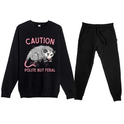 CAUTION POLITE BUT FERAL Funny Opossum Premium Crewneck Sweatsuit Set