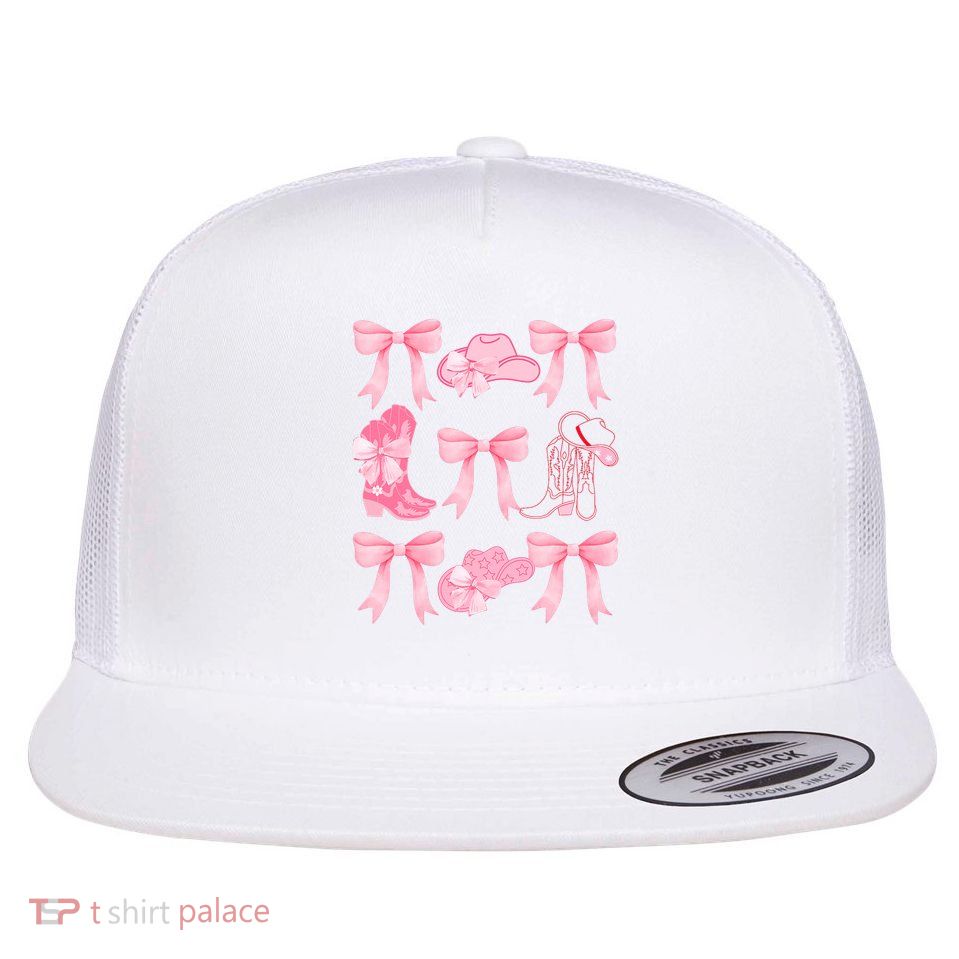 Coquette Pink Bow Cowboy Boots Hat Western Country Cowgirl Flat Bill Trucker Hat