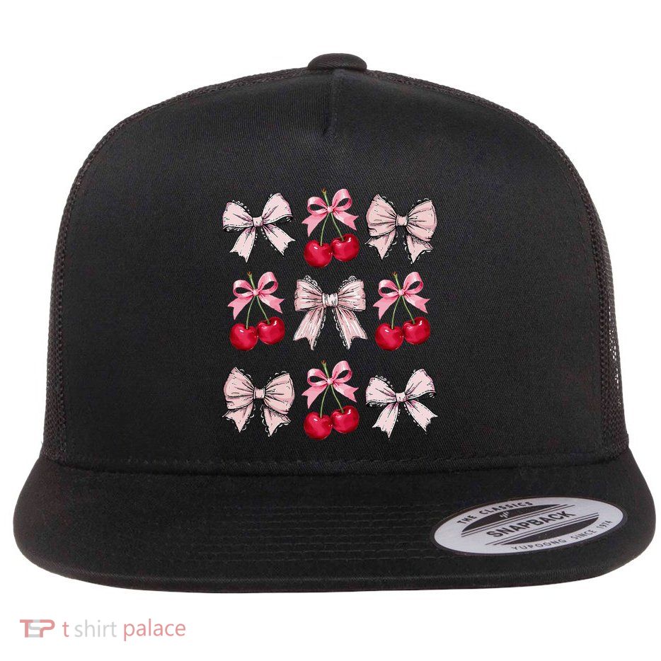 Cute Pink Bow Coquette Cherry Clean Girl Aesthetic Woman Flat Bill Trucker Hat