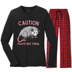 CAUTION POLITE BUT FERAL Funny Opossum Premium Women's Long Sleeve Flannel Pajama Set 