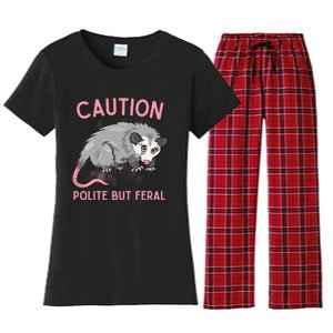 CAUTION POLITE BUT FERAL Funny Opossum Premium Women's Flannel Pajama Set