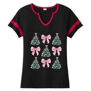 Cute P.Ink Bow Christmas Tree Pattern Gift Ladies Halftime Notch Neck Tee