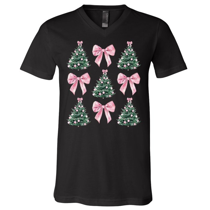 Cute P.Ink Bow Christmas Tree Pattern Gift V-Neck T-Shirt