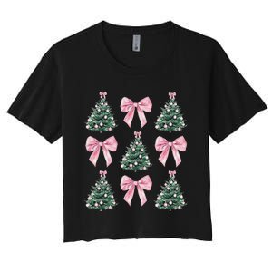 Cute P.Ink Bow Christmas Tree Pattern Gift Women's Crop Top Tee