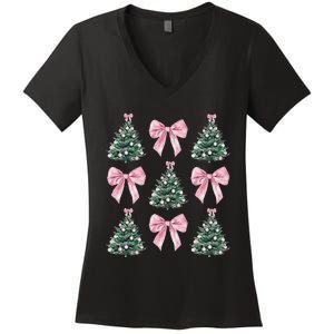 Cute P.Ink Bow Christmas Tree Pattern Gift Women's V-Neck T-Shirt