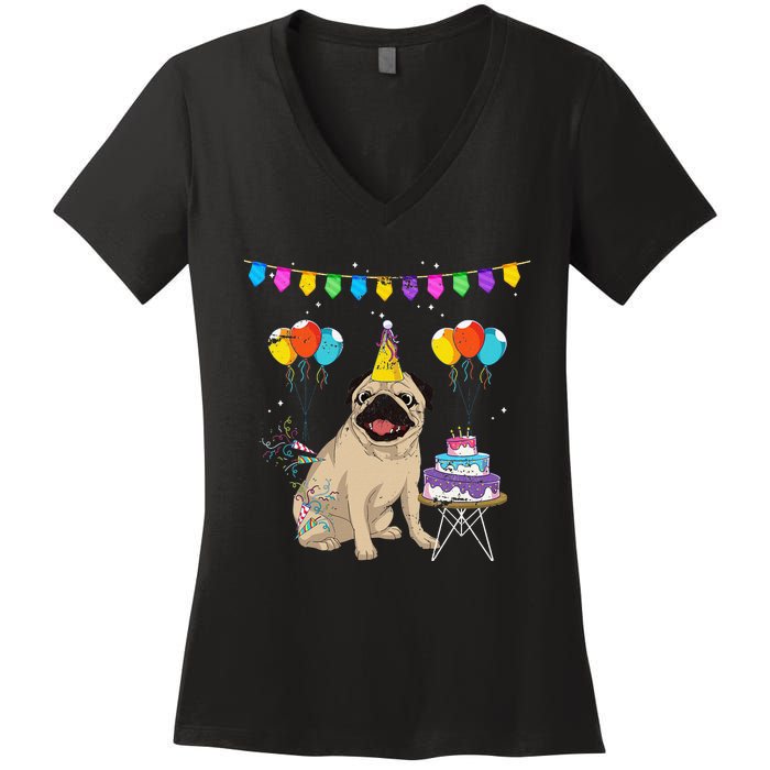 Cute Pug Birthday Celebration Cake Pet Animal Dog Owner Pug Women's V-Neck T-Shirt