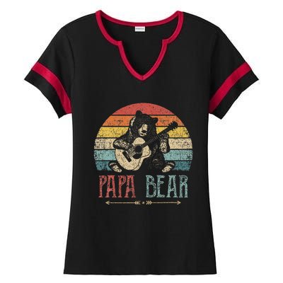 Cute Papa Bear Vintage Father's Day Retro Dad Guitar Ladies Halftime Notch Neck Tee