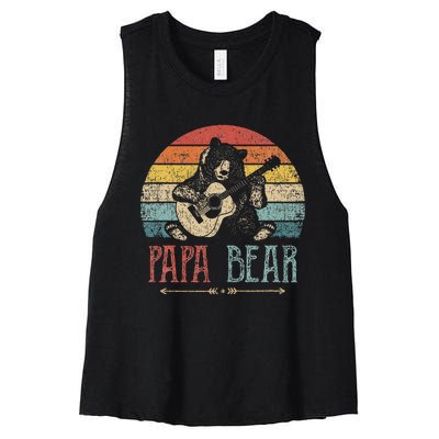 Cute Papa Bear Vintage Father's Day Retro Dad Guitar Women's Racerback Cropped Tank