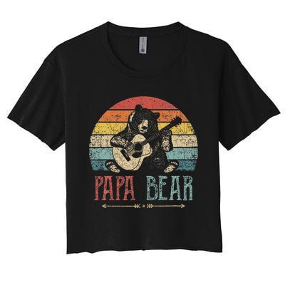 Cute Papa Bear Vintage Father's Day Retro Dad Guitar Women's Crop Top Tee