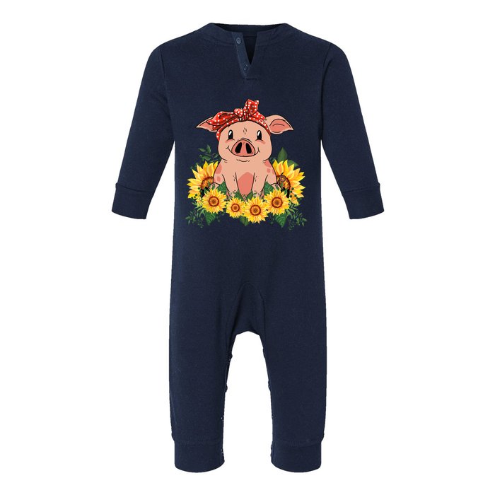 Cute Pig Bandana Sunflower Funny Farm Animal Lover Infant Fleece One Piece