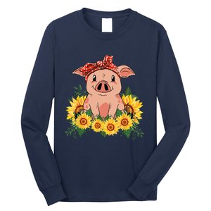 Cute Pig Bandana Sunflower Funny Farm Animal Lover Long Sleeve Shirt