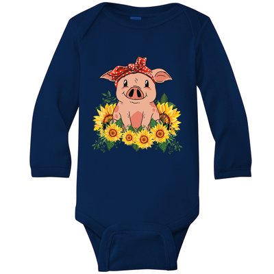 Cute Pig Bandana Sunflower Funny Farm Animal Lover Baby Long Sleeve Bodysuit