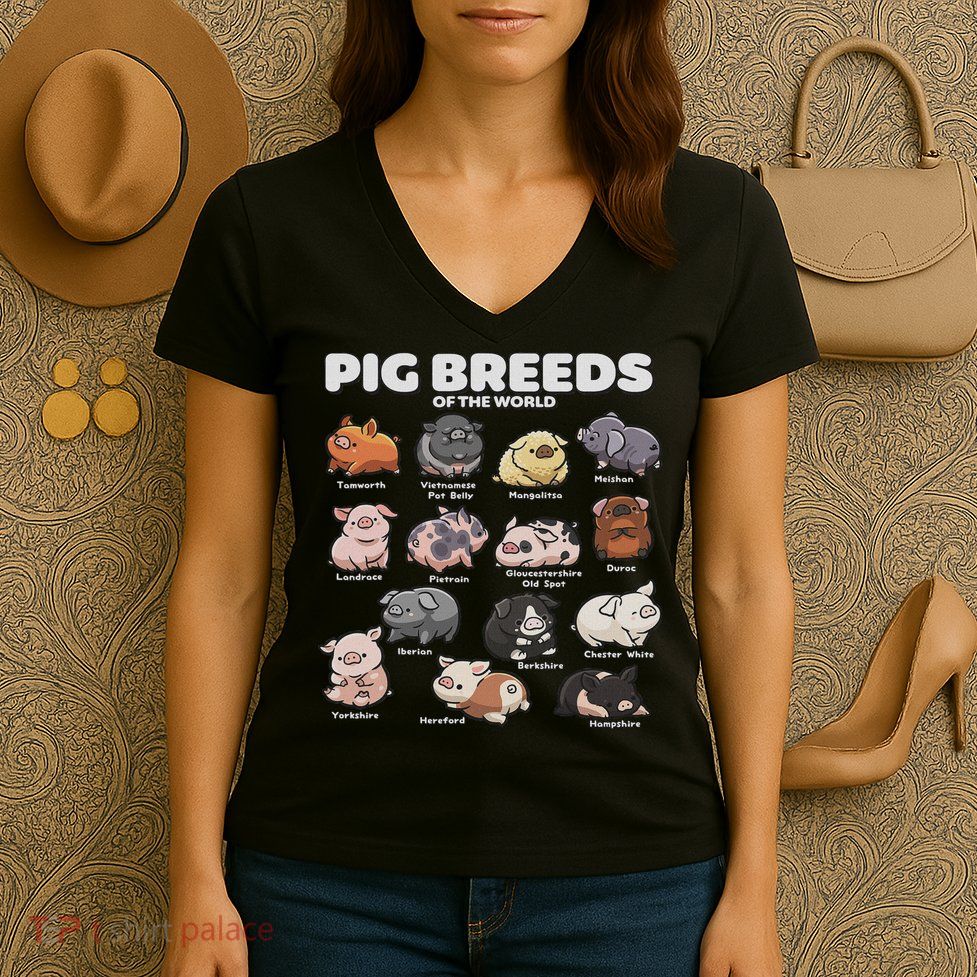 Cute Pig Breeds Of The World Funny Farm Animal Lovers Women's V-Neck T-Shirt