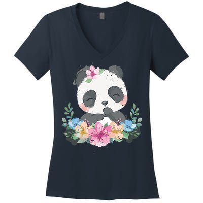 Cute Panda Bear Gift Flower Panda Women's V-Neck T-Shirt